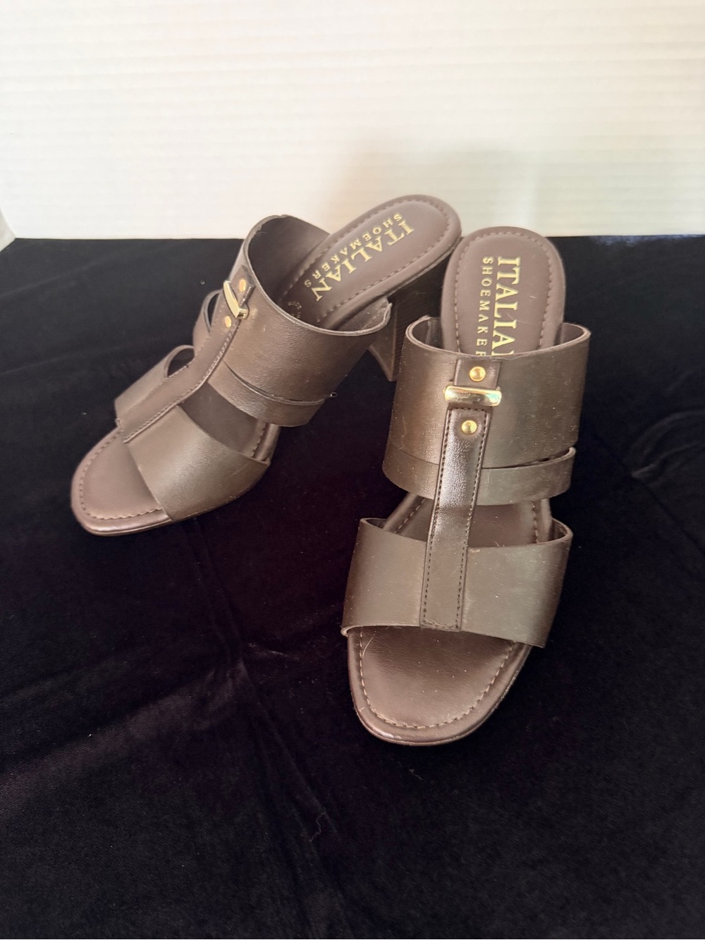 Italian Shoemakers Dark Brown Leather Slide Mules with Gold Buckle